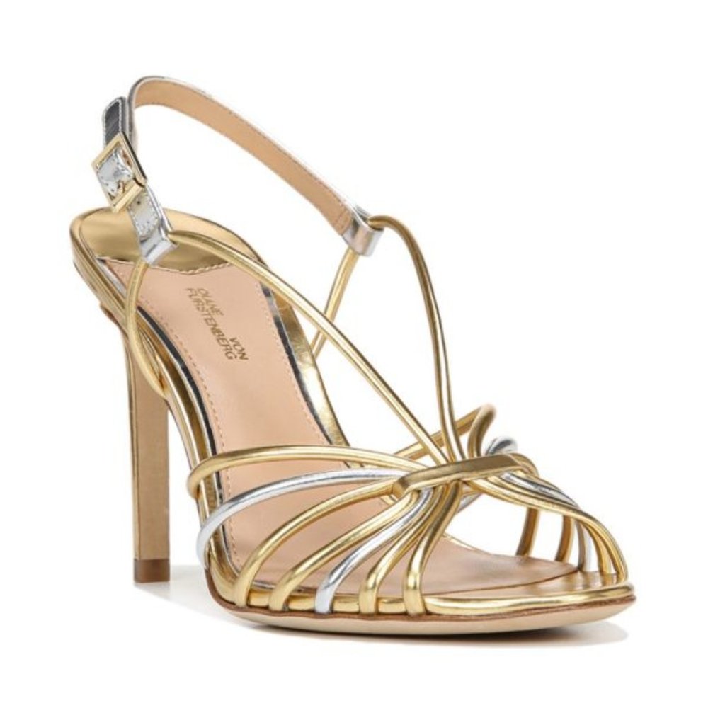DIANE VON FURSTENBERG Milena strappy metallic leather heeled sandals 39.…
